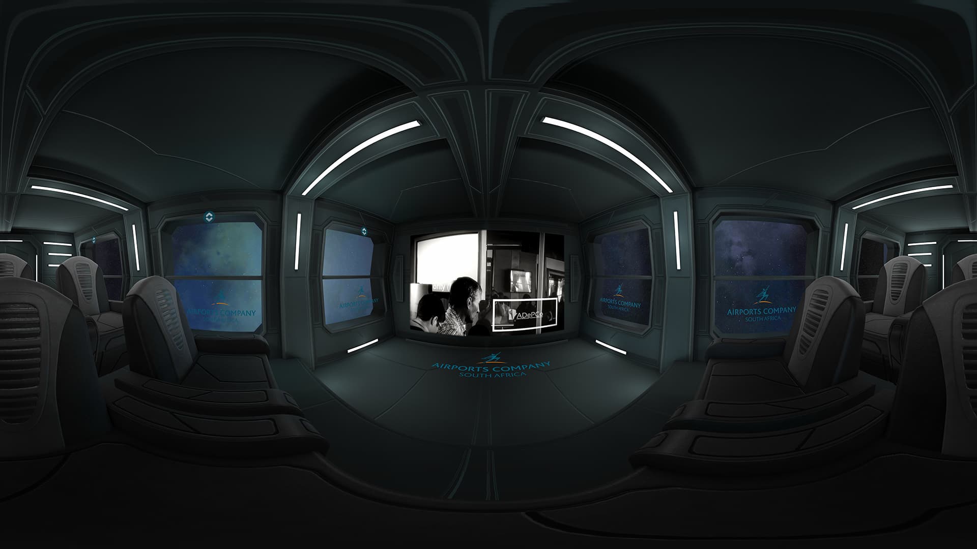 A panoramic view of a futuristic interior used to illustrate immersive video