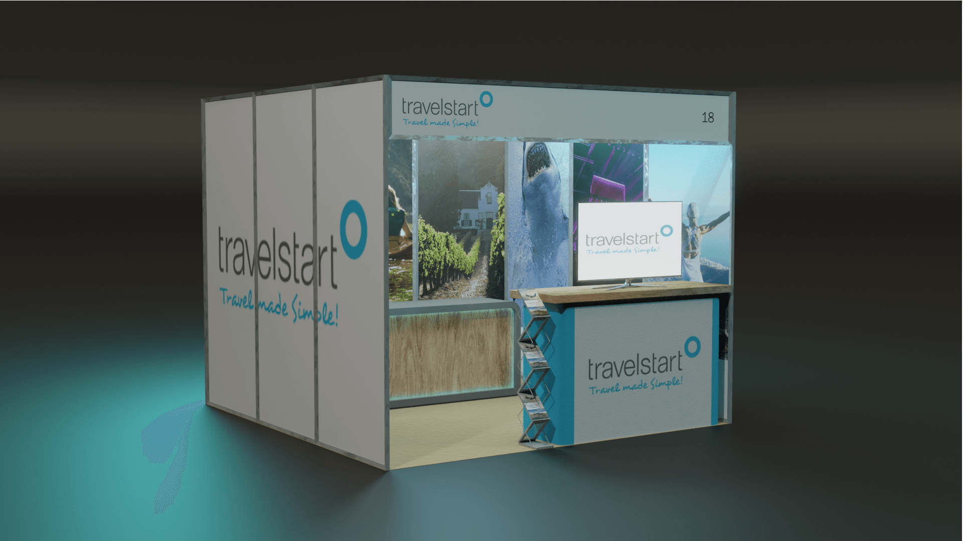 A 3 by 3 virtual exhibition stand with branded walls and a reception counter