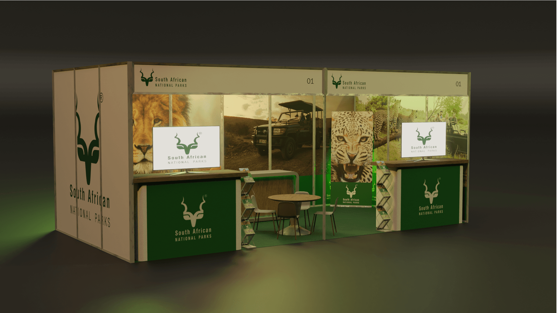 A 3 by 6 virtual stand with branded displays and a meeting area