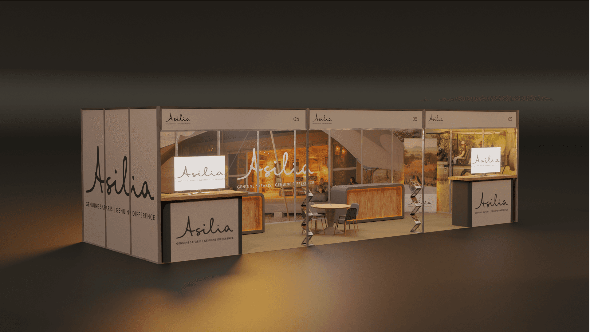 A wide 3 by 9 virtual exhibition stand with product displays