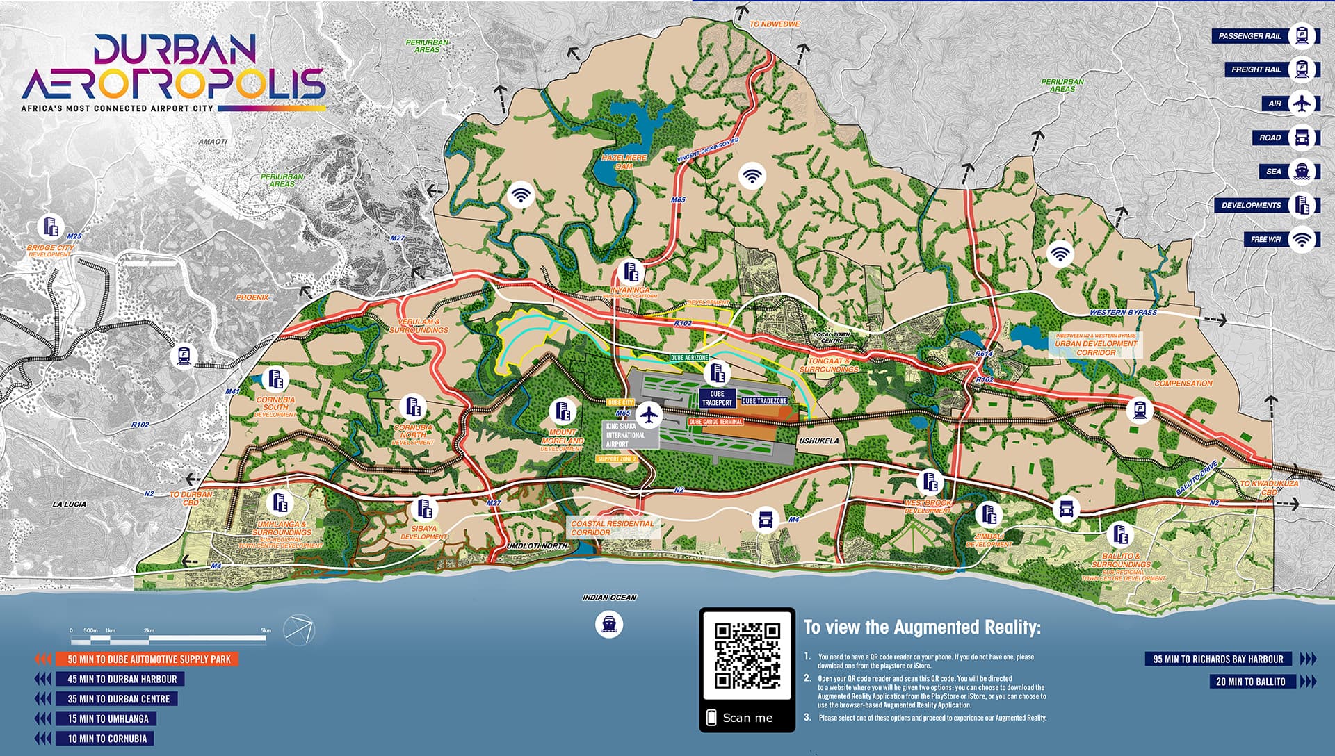 Durban Aerotropolis map with the augmented reality marker and development legend