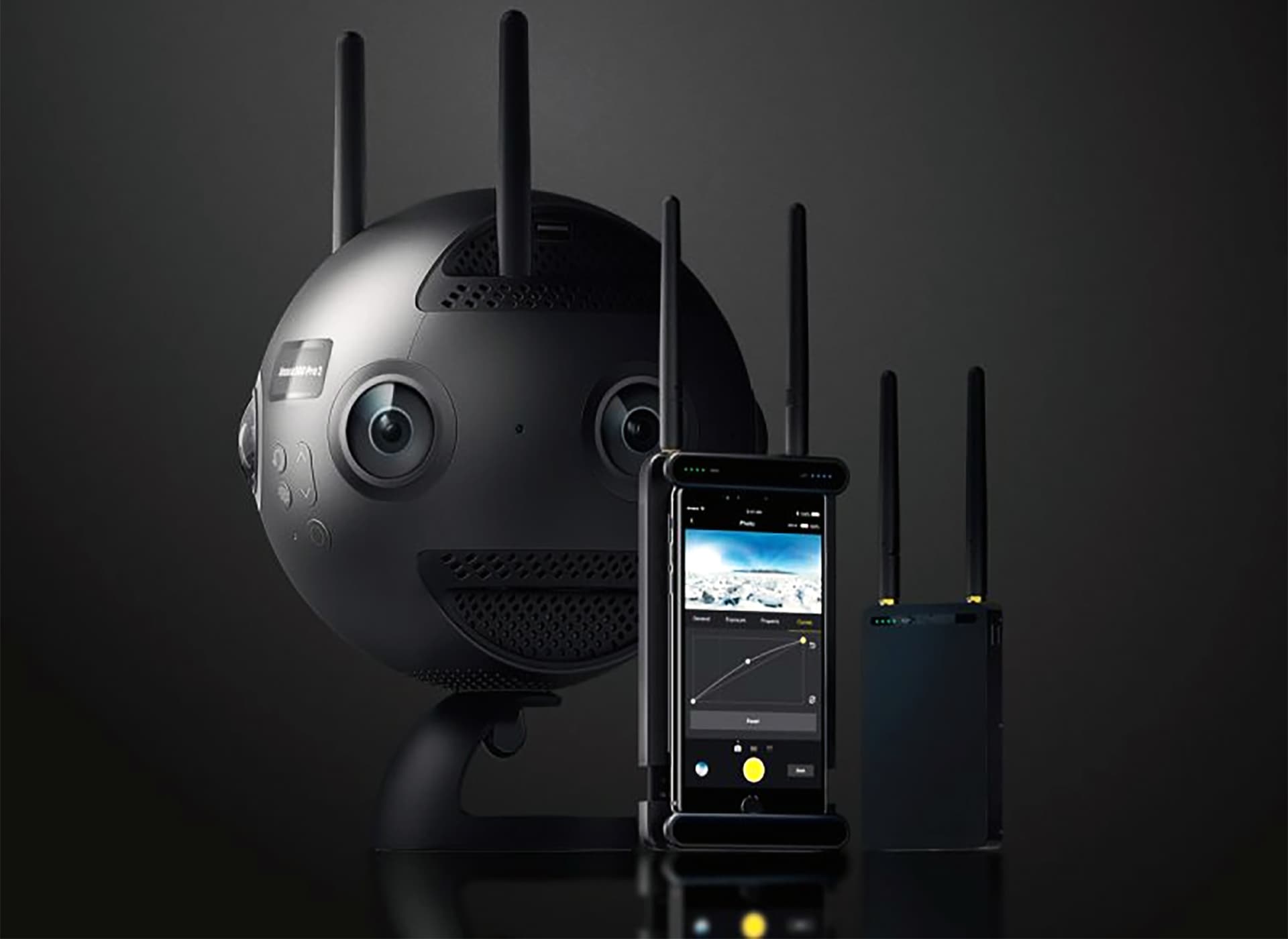 Insta360 Pro 2 professional 360° camera with its monitoring equipment