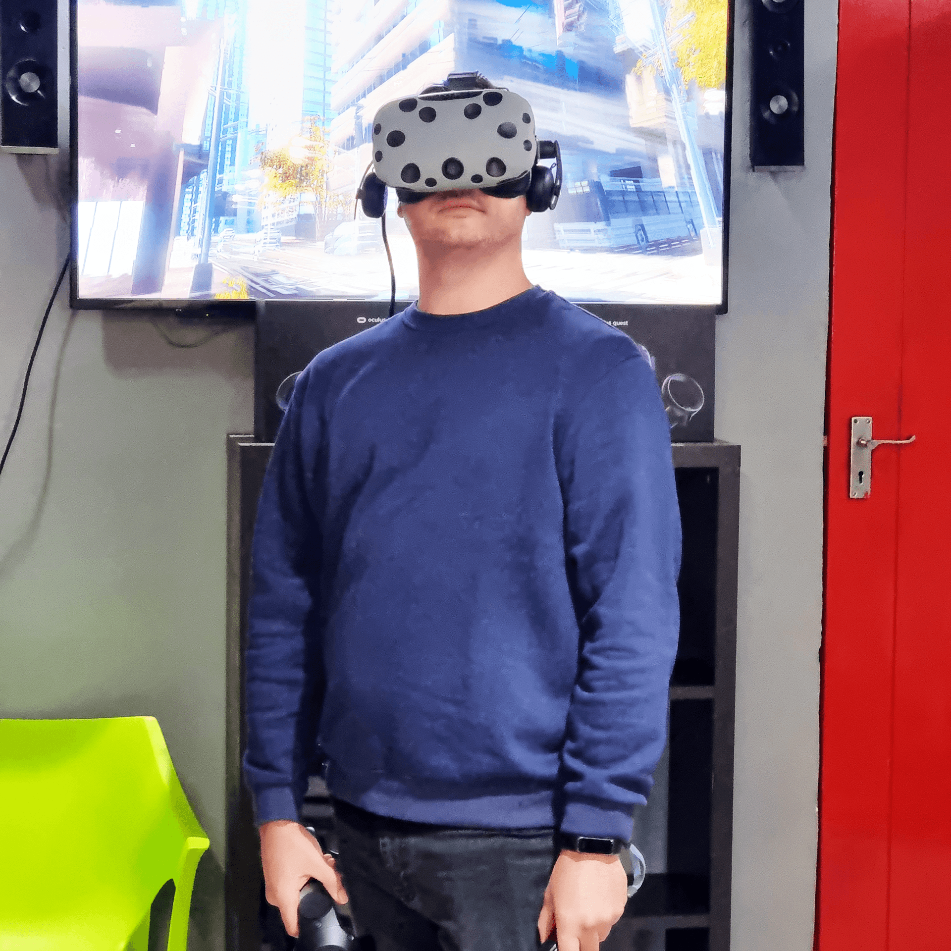 A participant wearing a virtual reality headset