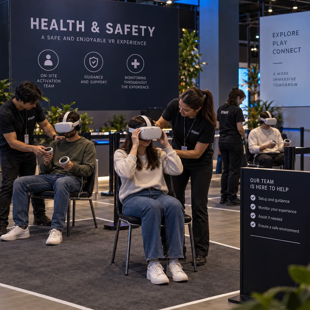 Illustration of staff assisting guests during a VR activation