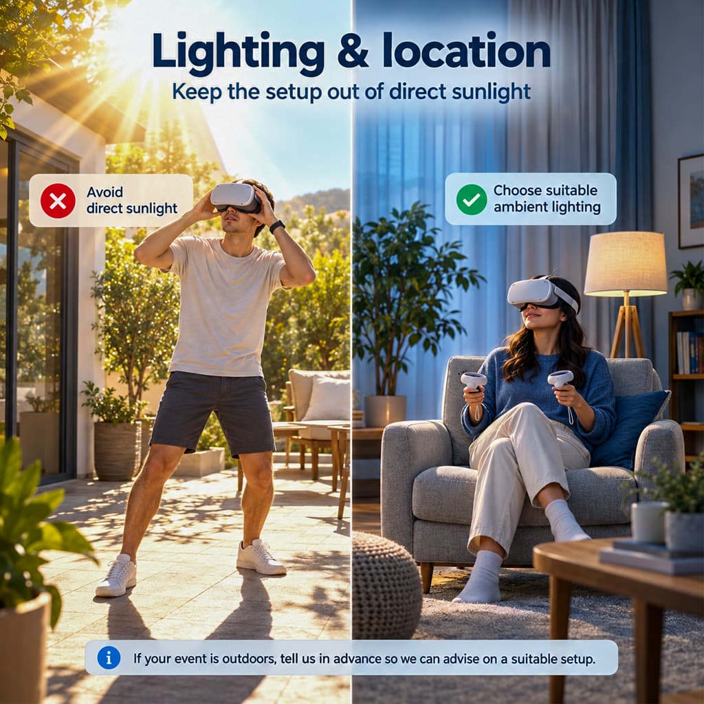 Illustration contrasting bright sunlight and an indoor VR environment