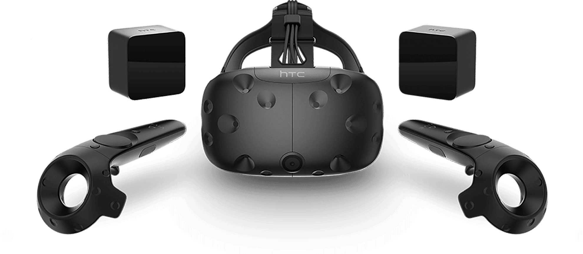 HTC VIVE headset with two wireless controllers and two base stations