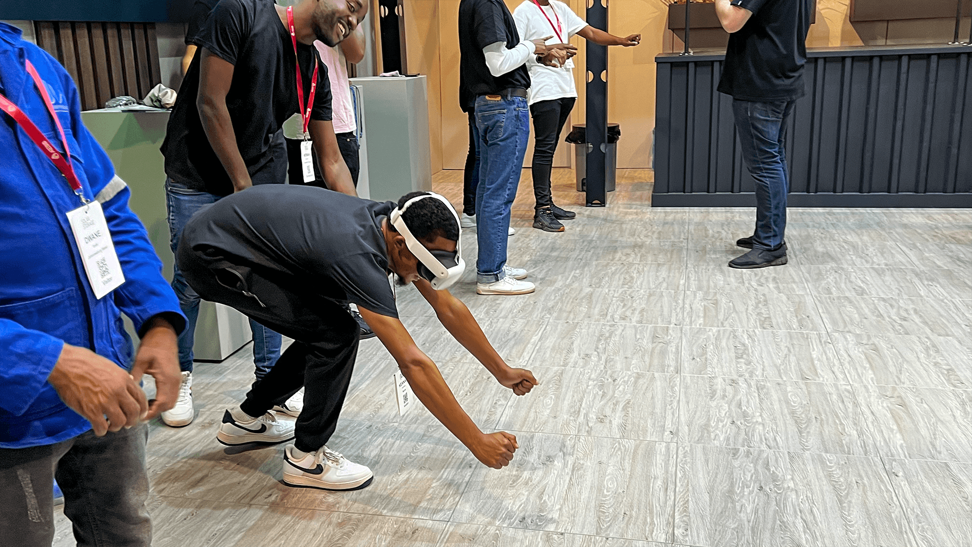 A participant crouching during an interactive virtual reality activity