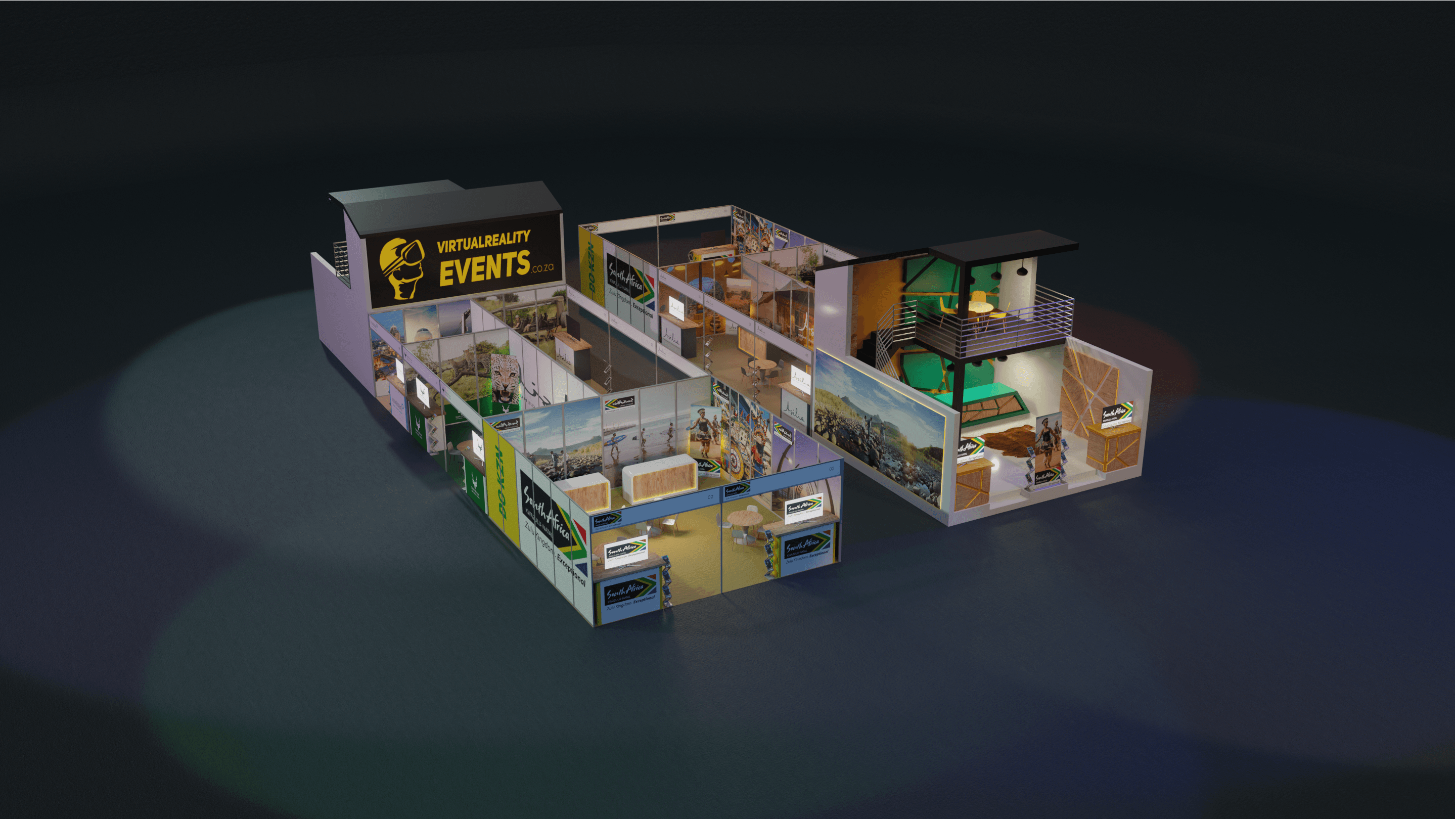 An overview of the virtual exhibition showing multiple branded stands together