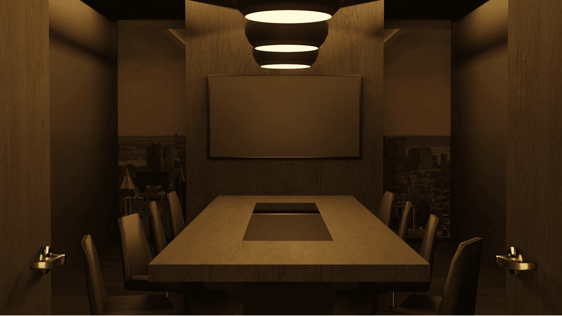 A virtual boardroom with a meeting table and presentation screen