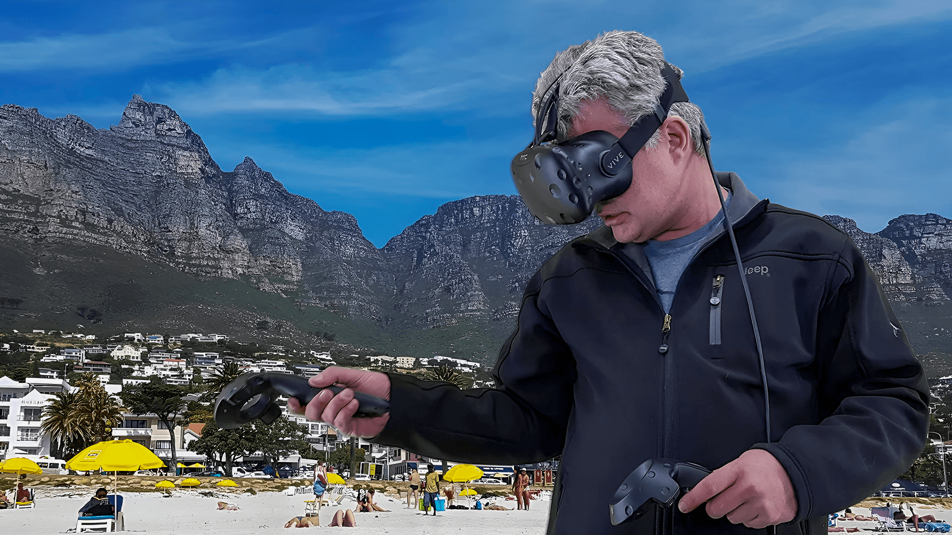 Using an HTC VIVE headset and controllers with Table Mountain in the background