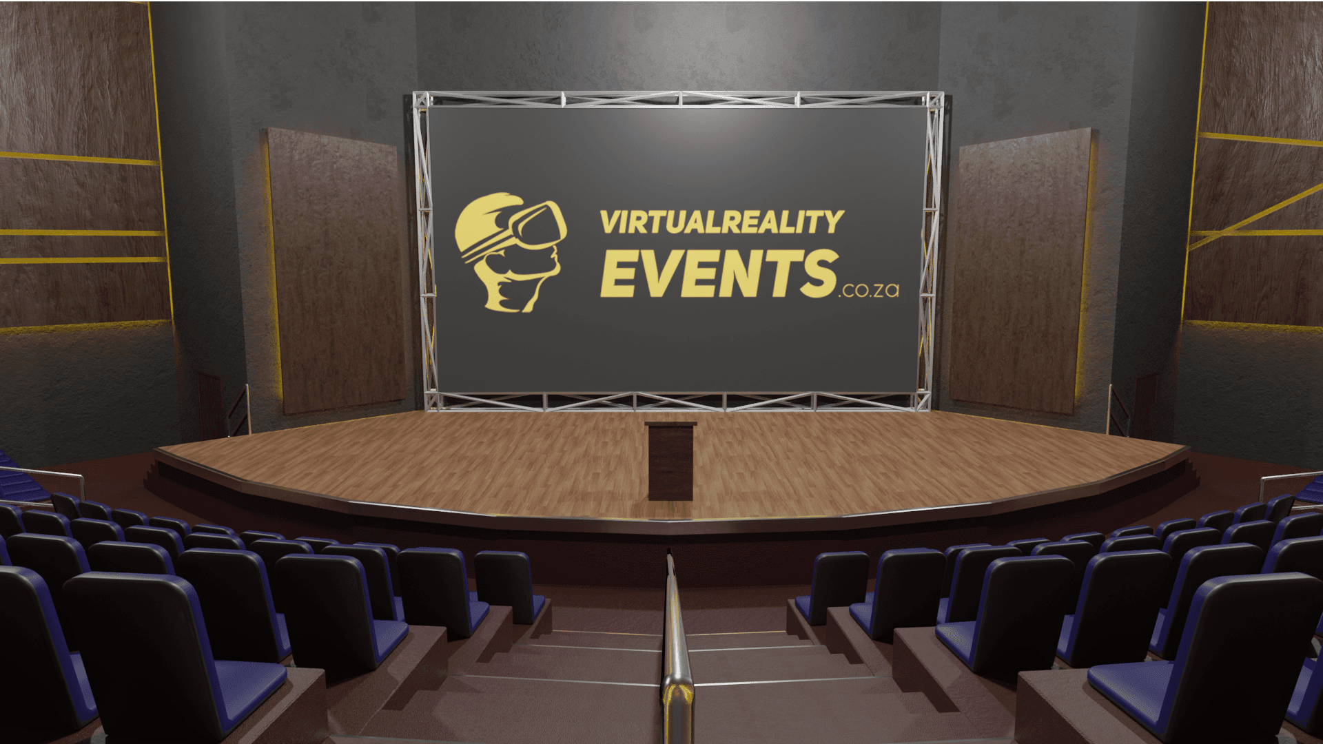 A virtual press conference stage and audience seating