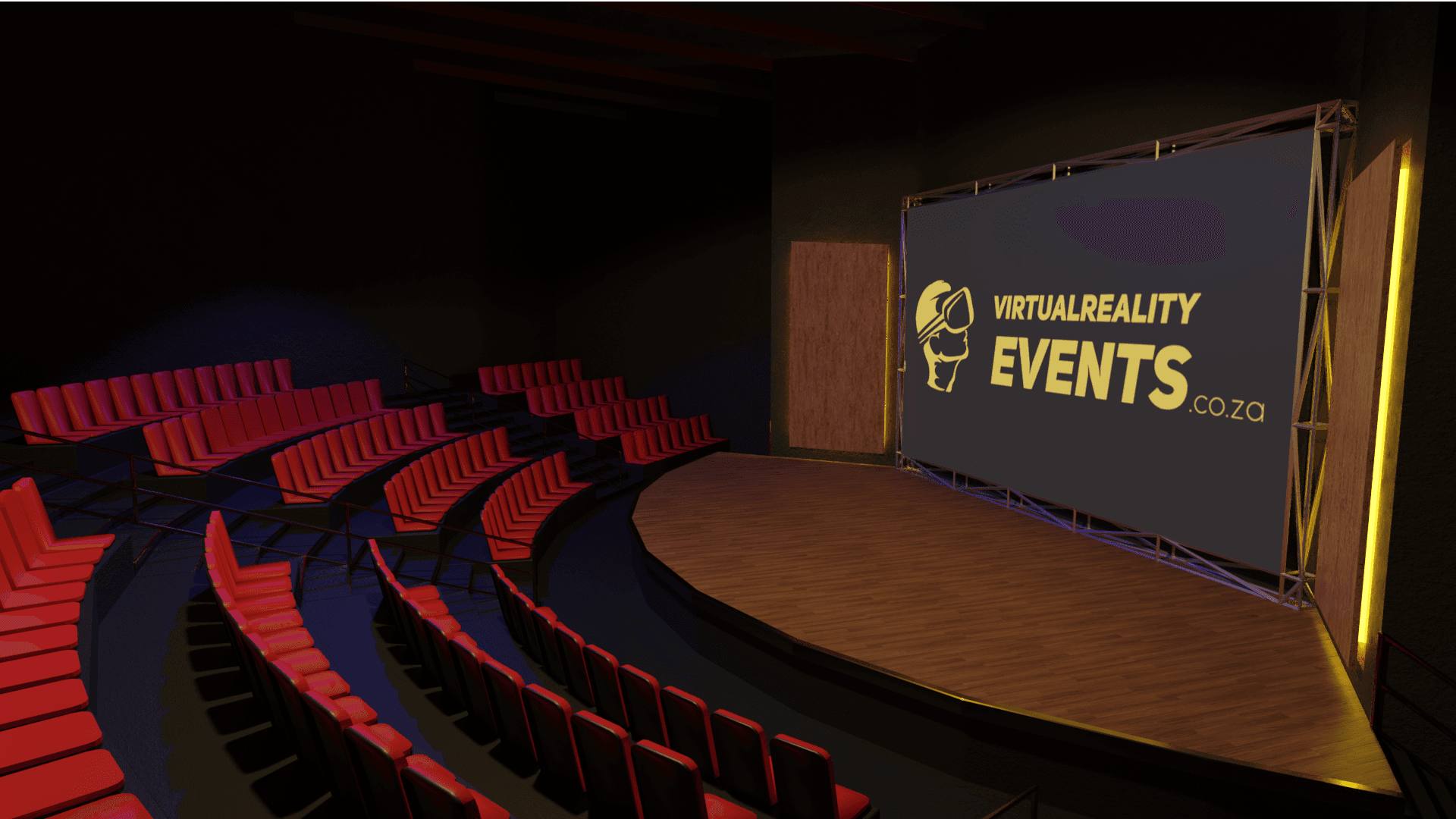 A virtual conference auditorium with a stage and tiered seating