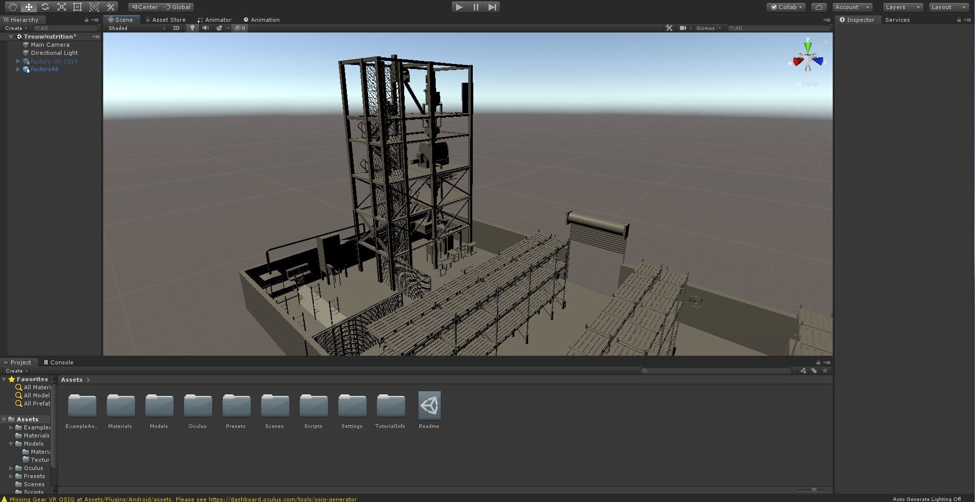 An early development view of a virtual factory built for Oculus Quest